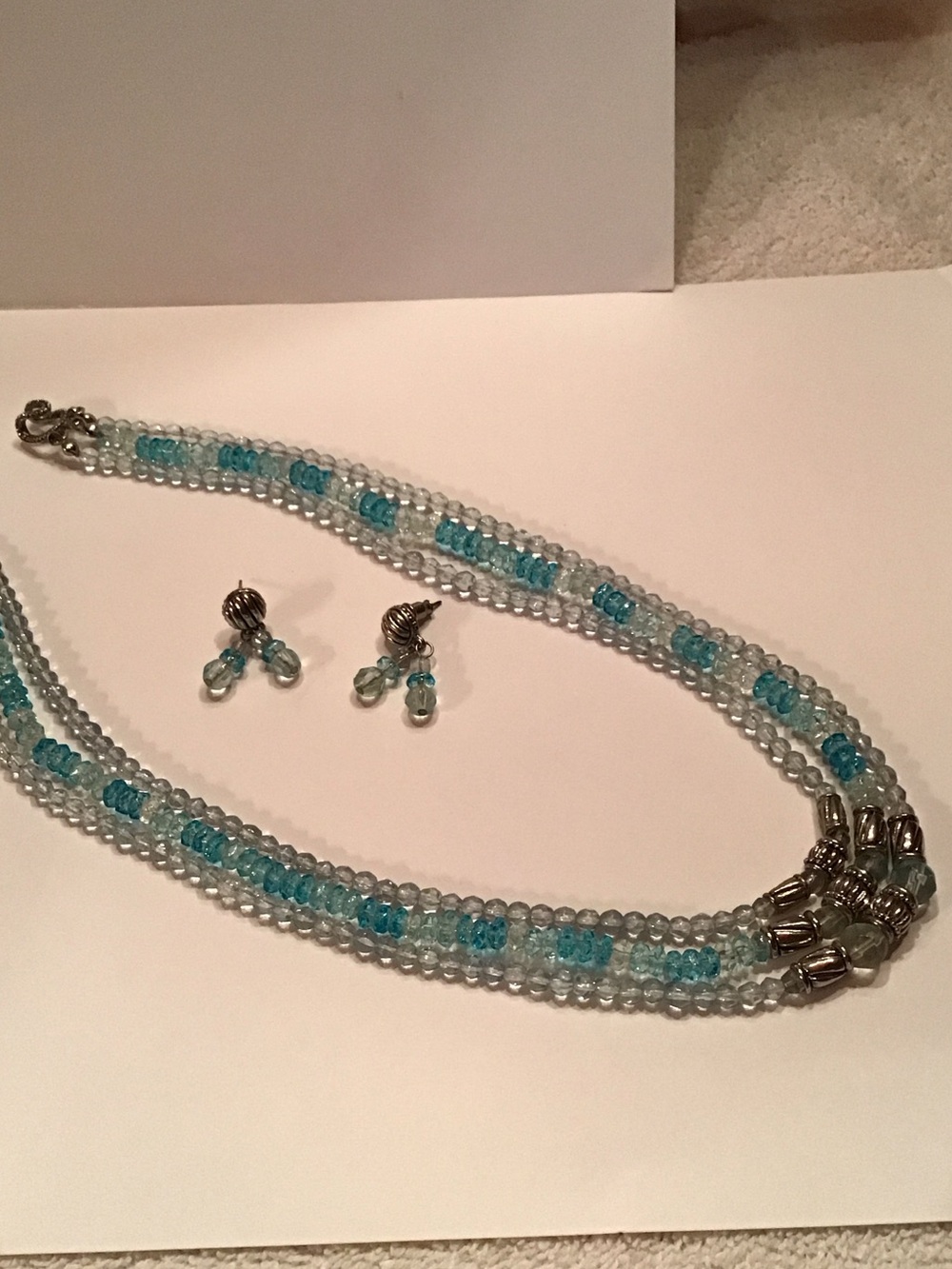 Beaded Aqua and Clear Multi-Strand Necklace with Matching Earrings